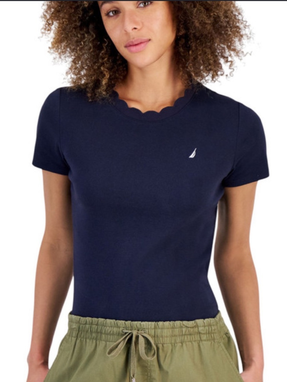 Nautica Jeans Black Scalloped Neck Tee - White Sail Logo size S